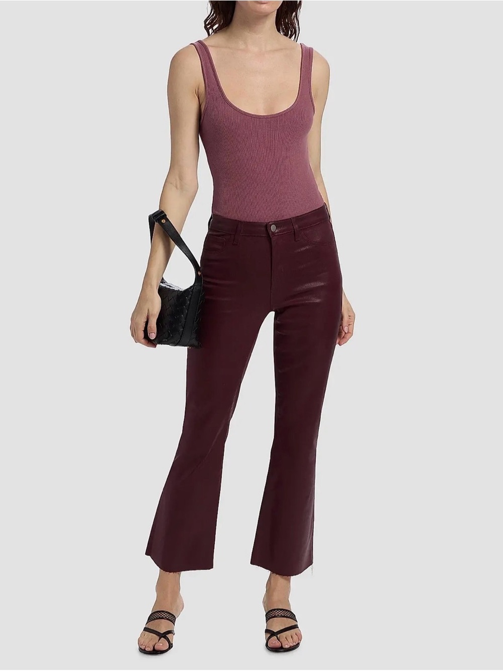 L'AGENCE Kendra High Rise Coated Crop Flare Jeans Burgundy Deep Mauve Size 26